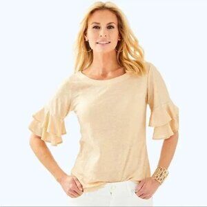 LILLY PULITZER XS Lula Sand Dune Metallic Gold Linen Top Cottagecore Beachy BOHO